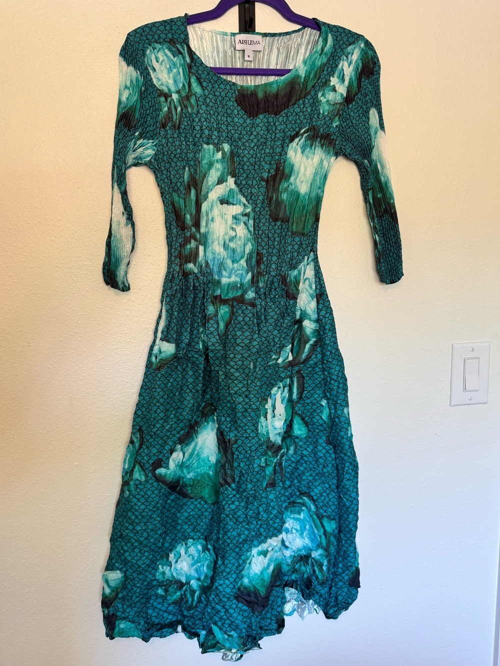 Alquema 3/4 Sleeve Smash Pocket Dress Aqua Flowers Crinkle Size 1 US 6/8 EUC
